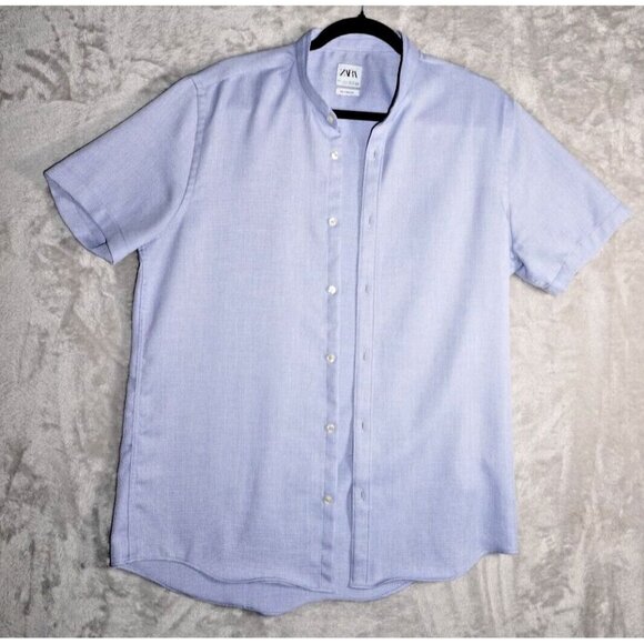 Zara Shirt Mens L Relaxed Fit Casual Button Up Mock Neck Rolled Short Sleeve - Picture 3 of 11